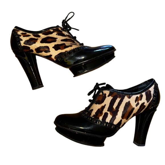 FENDI Leopard Print & Black Patent Leather Oxford Platform Heels Size 40 US 9 - Picture 1 of 9